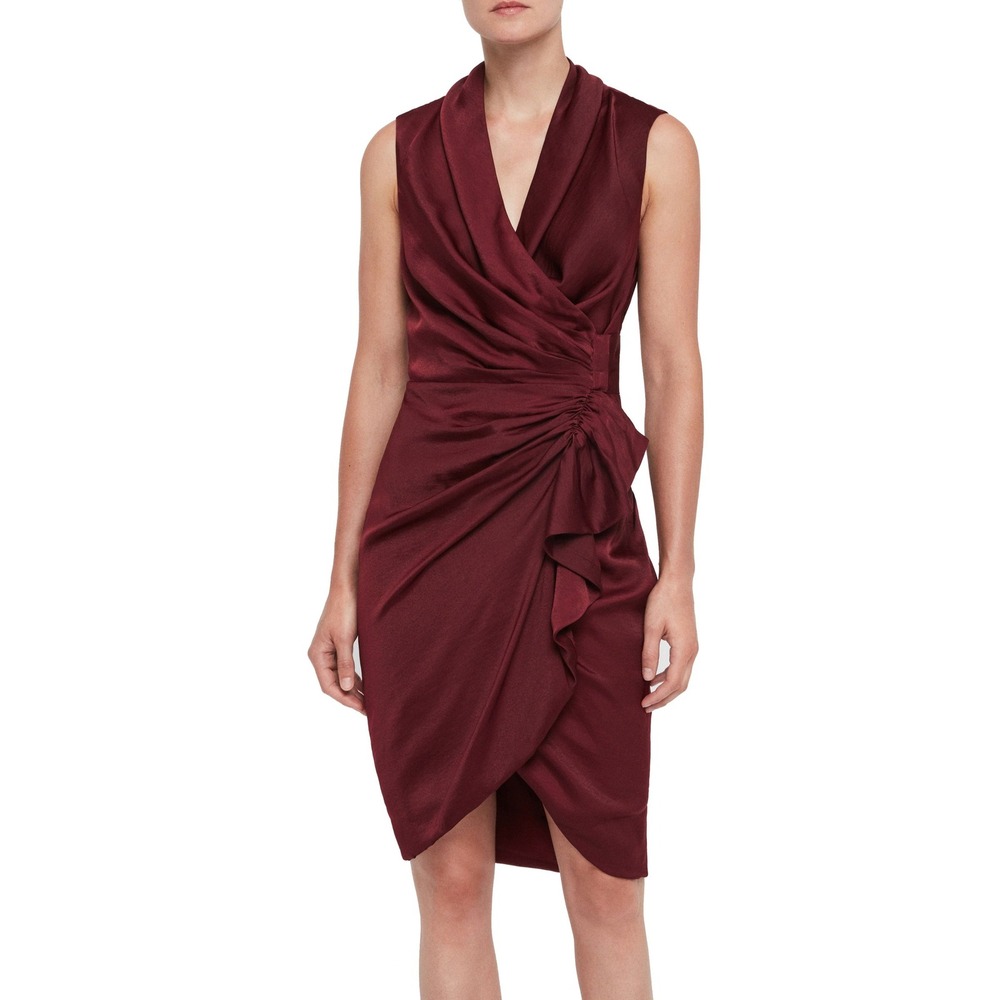 AllSaints Cancity Ruched Sheath Wrap Dress Burgundy Red Shawl Collar Ruffle S 10